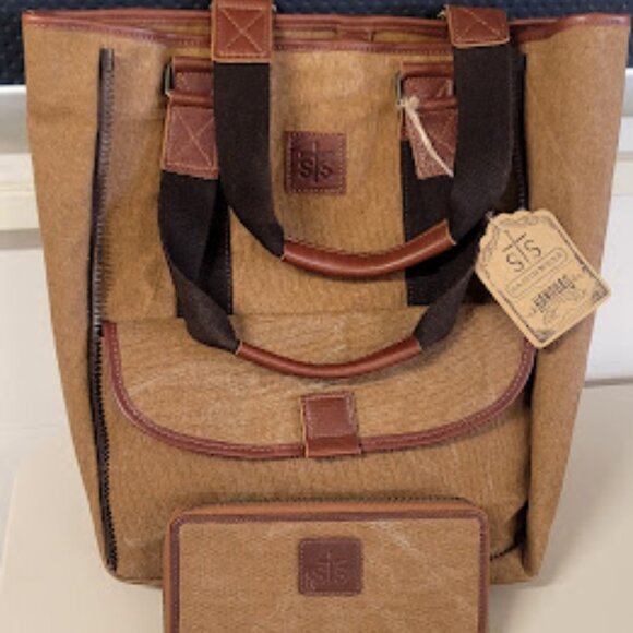 STS Ranchwear High Plains Canvas Leather Convertible Tote Bag and Zip Wallet - Picture 1 of 3